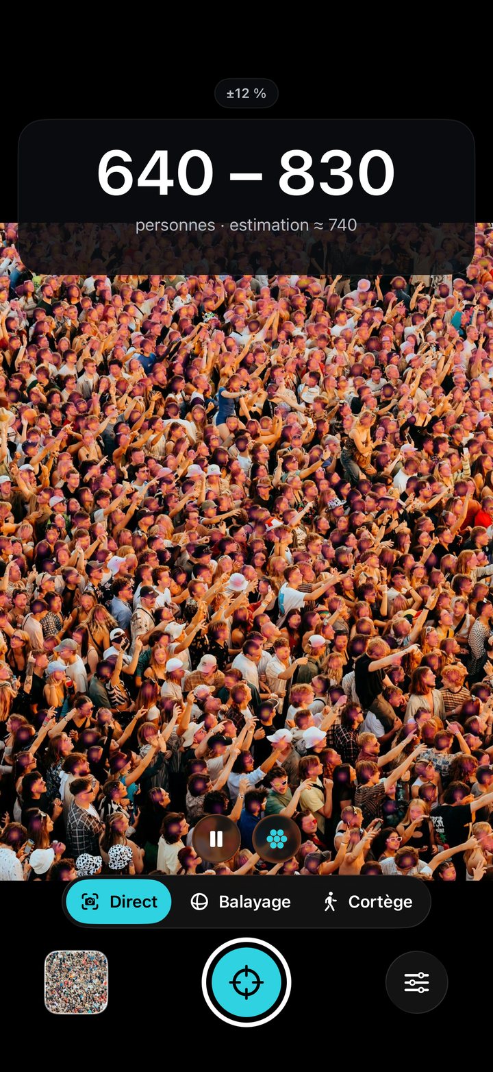 Écran de CrowdScope : fourchette 640 – 830 personnes au-dessus d'une foule dense