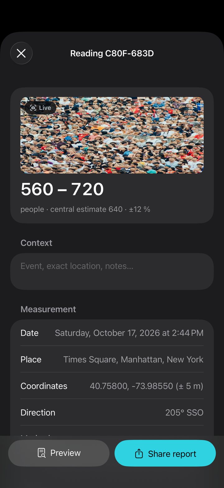 Saved reading: range, date, place, coordinates and viewing direction