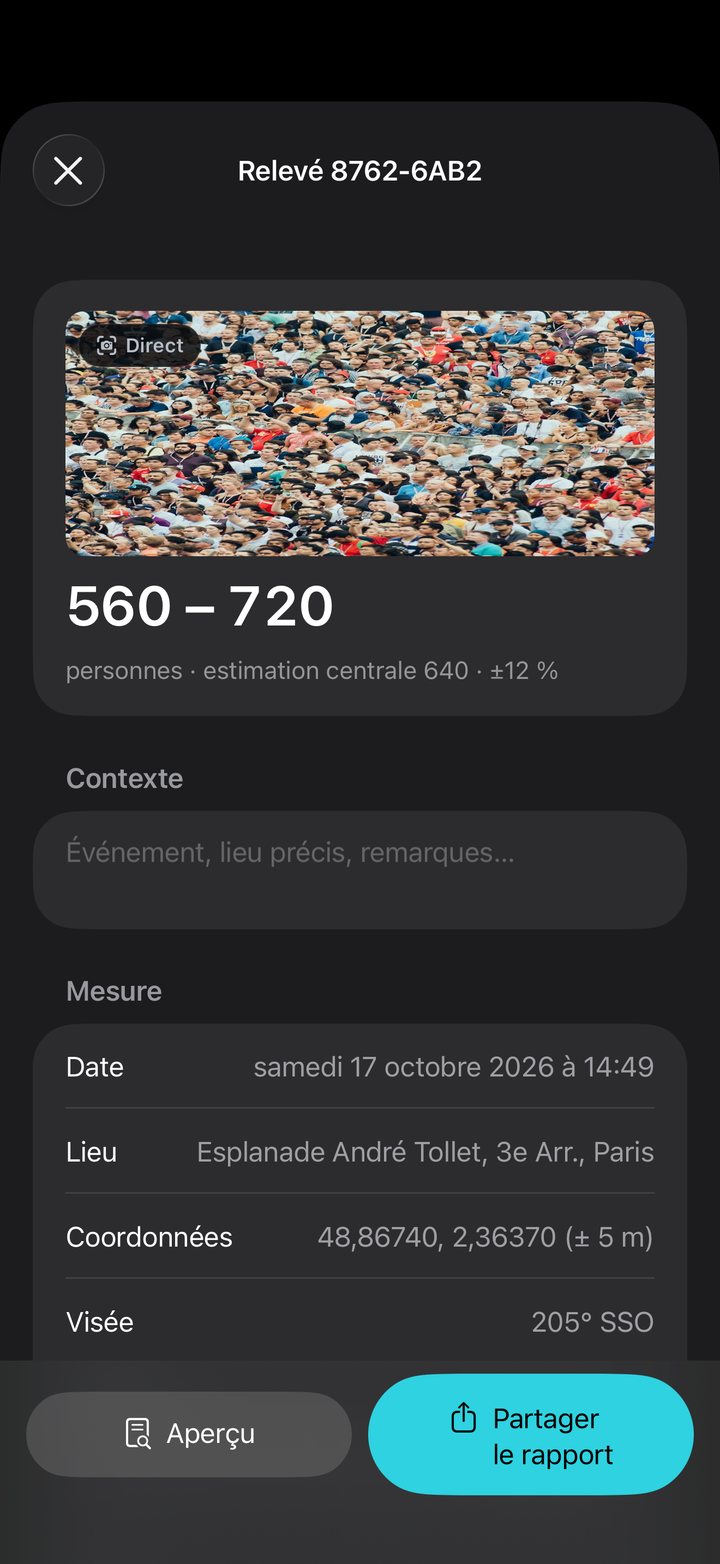 Écran d'un relevé : fourchette, date, lieu, coordonnées et direction de visée